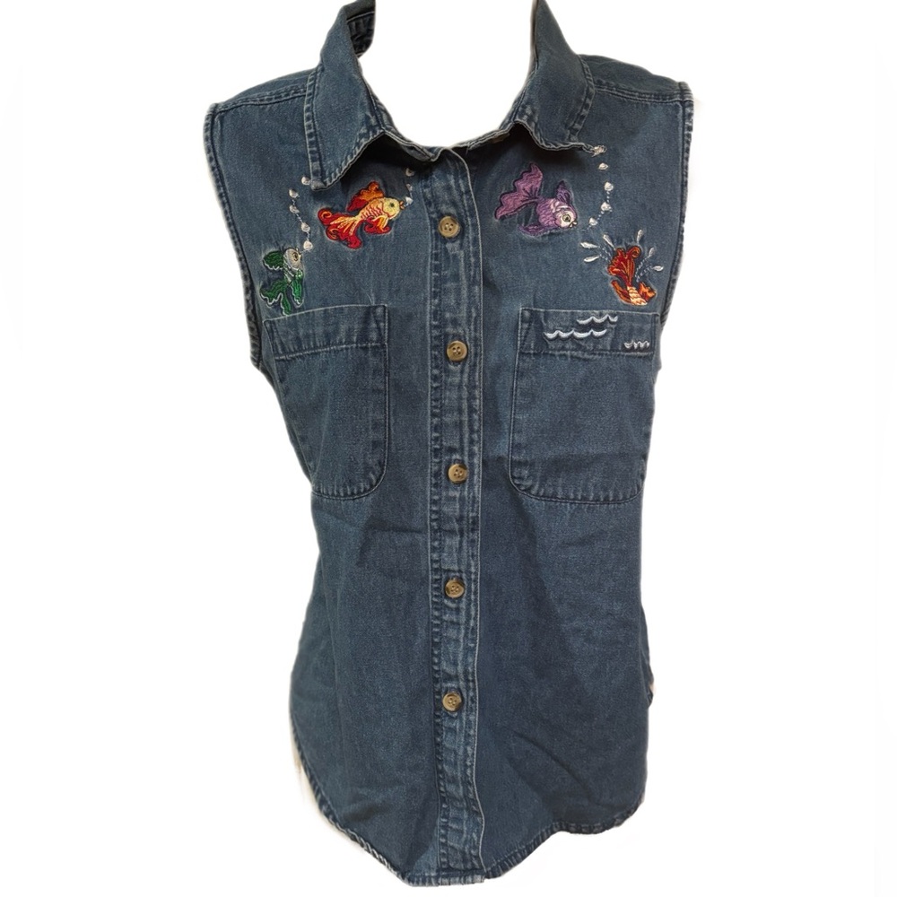 Embroidered Denim Sleeveless Shirt